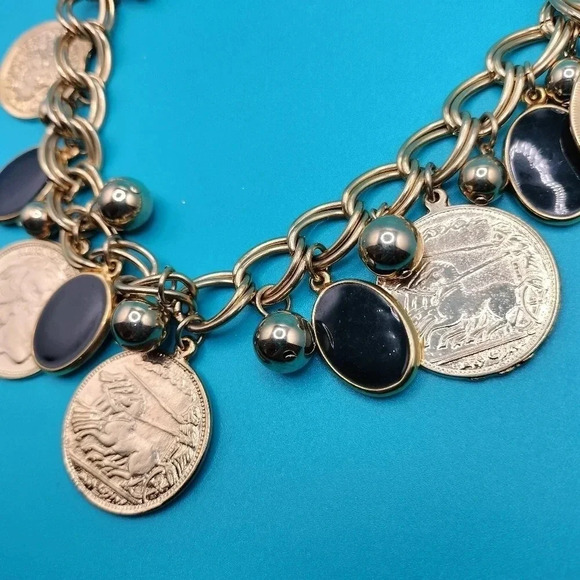 NECKLACE Gold Tone Chain w/Coins Black/Gray Oval/Gold Round Beads, 18" - Picture 3 of 4
